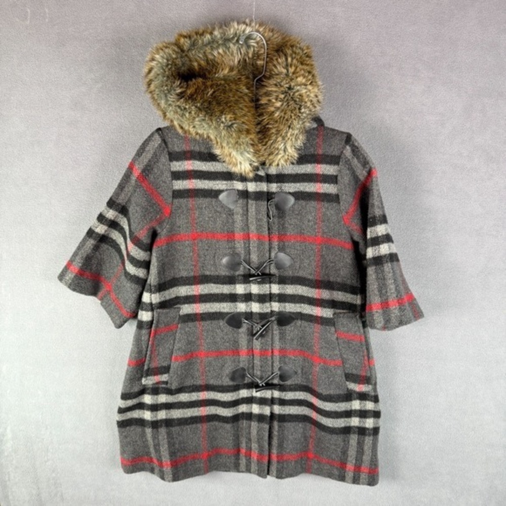 Heritageā 1981 Women's Pea Coat Small Faux Fur Lined Hood 3/4 Sleeve Plaid Wool